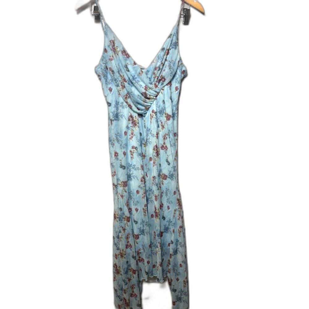 PIA clothing y2k VTG Dress Fairy Asymmetrical Hem Blue Floral Ruched Whimsygoth